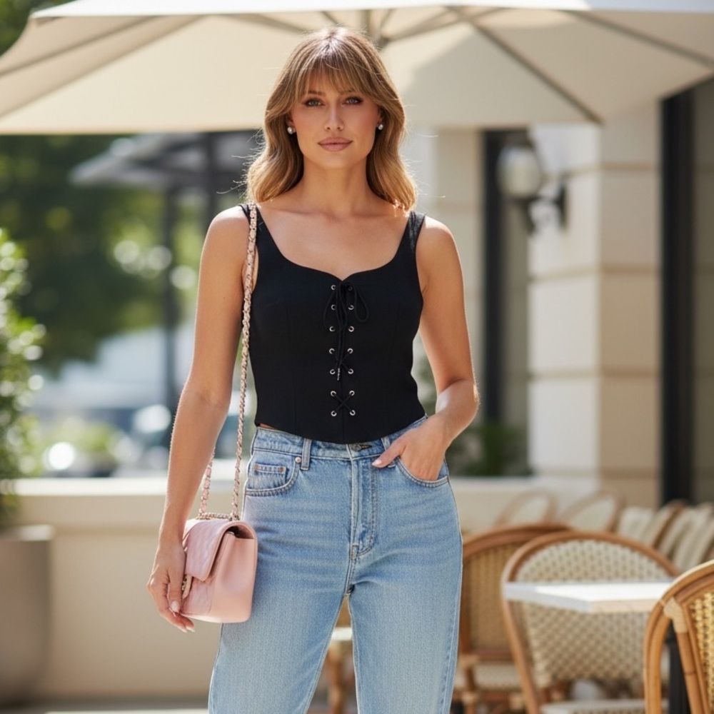 St. John NEW - Black Lace-Up Top - Picture 4 of 4